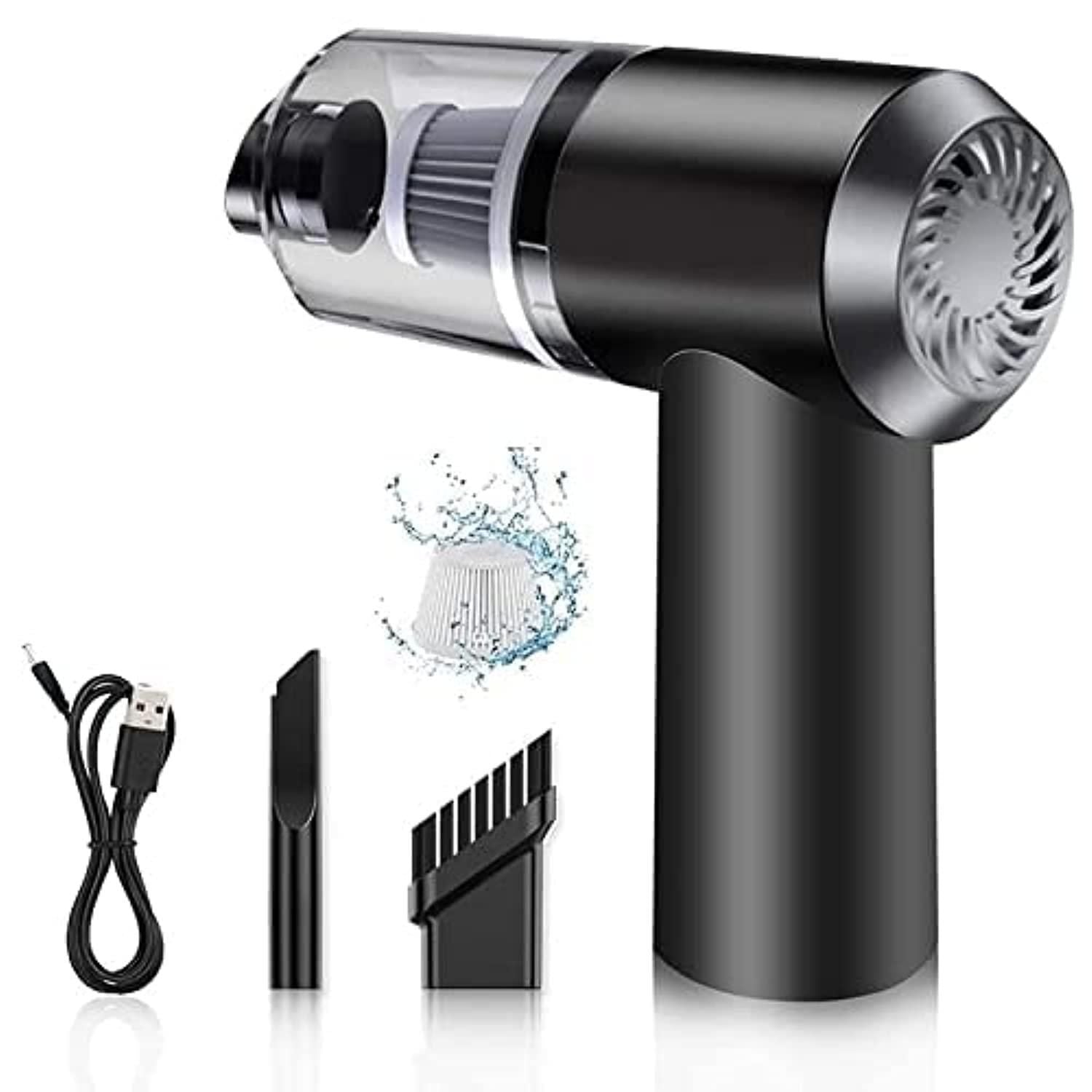 Black and silver handheld vacuum cleaner with attachments on a white background