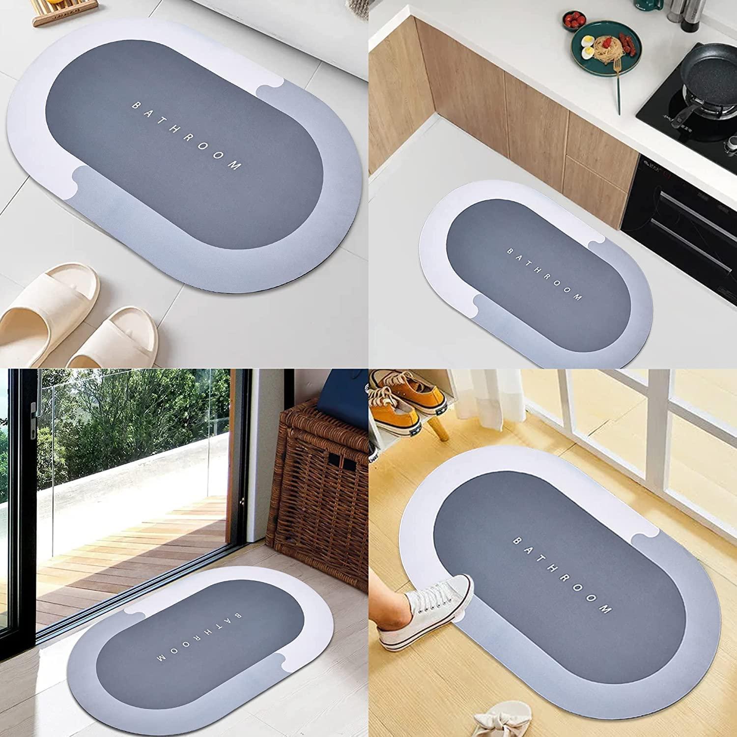 Gray bathroom mat with 'Bathroom' text on a white background