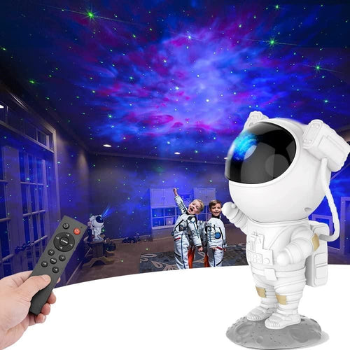 Astronaut toy with remote control projecting a starry sky in a room.