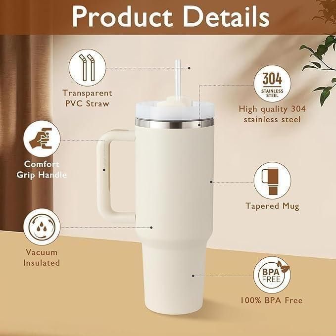 White insulated mug with features highlighted on a beige background