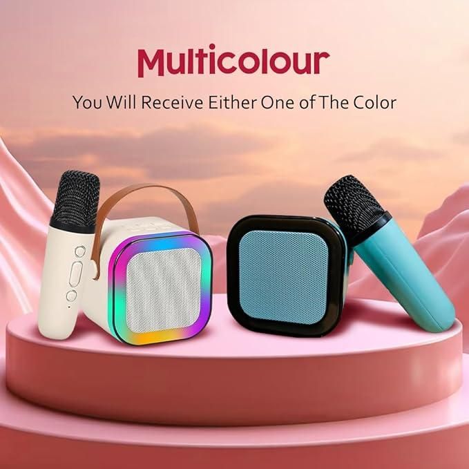 Colorful microphone and speaker set on a pink platform with 'Multicolour' text.