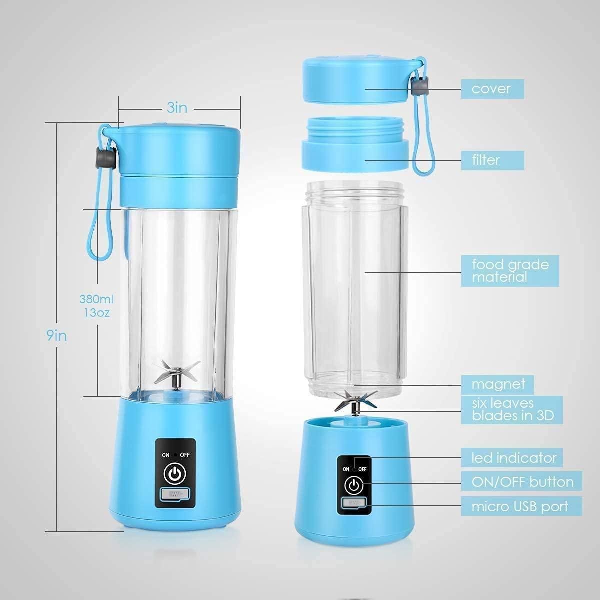 Blue portable blender with labeled parts on a gray background