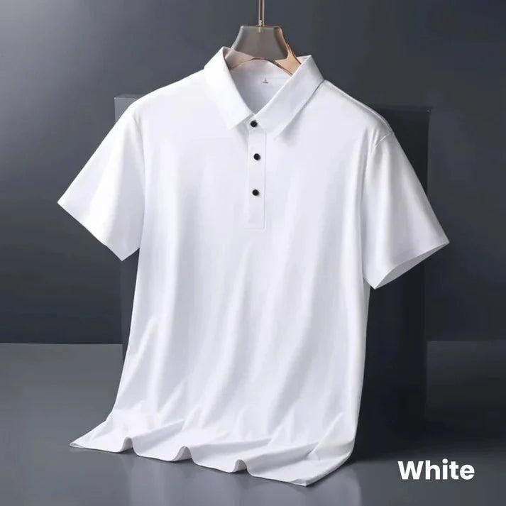 White blue polo shirt on a hanger against a dark background