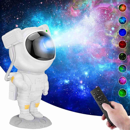 Astronaut-shaped night light with remote control against a colorful galaxy background