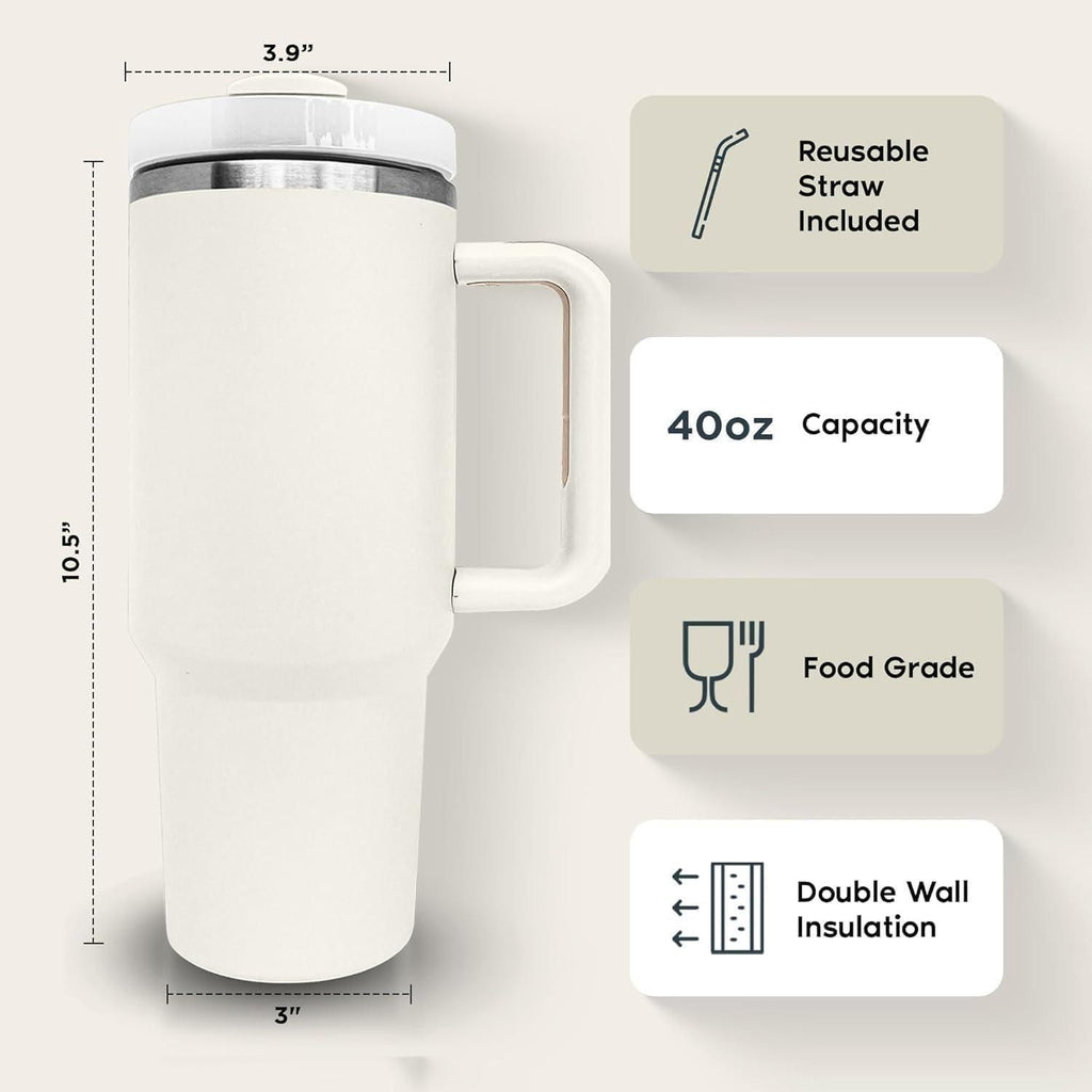White travel mug with dimensions, features, and capacity details on a light gray background