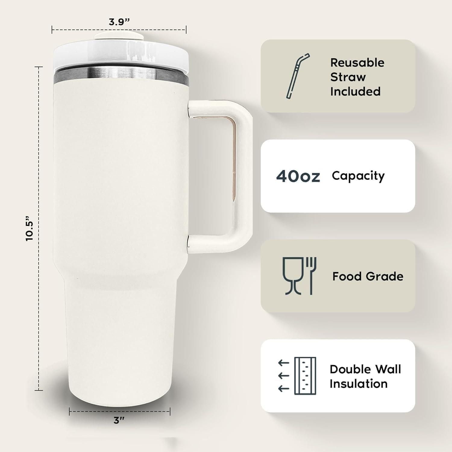 White travel mug with dimensions, features, and capacity details on a light gray background