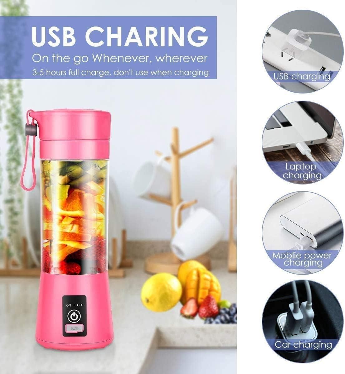 Pink portable blender with USB charging features on a white surface.