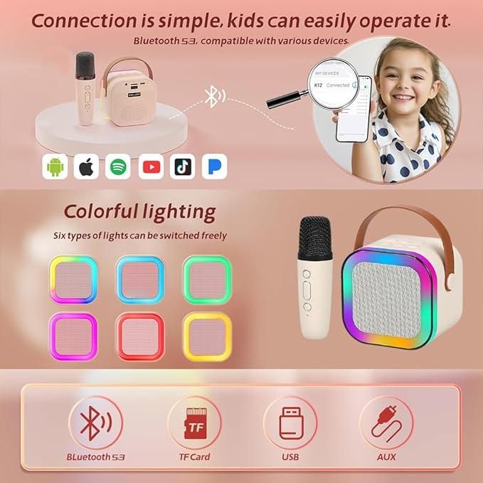 Product advertisement with microphone, lighting options, and compatibility icons on a pink background