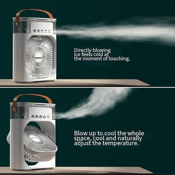 Portable fan with ice blowing feature on a dark background