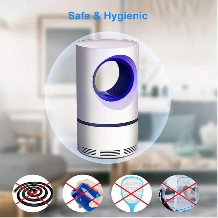 Air purifier with 'Safe & Hygienic' text and icons indicating its features.