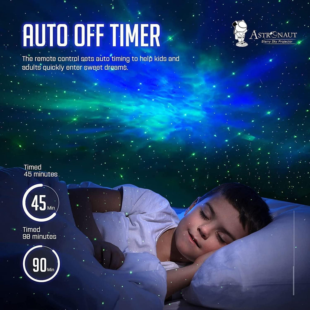 Child sleeping with an auto-off timer feature displayed on a starry night sky background.
