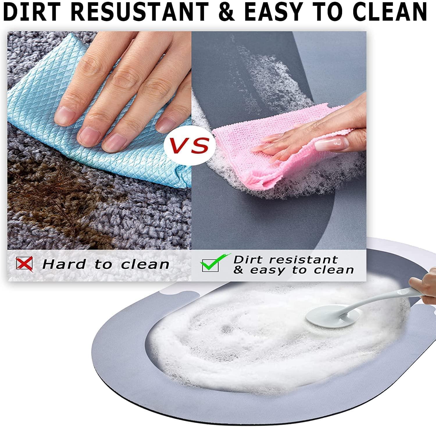 Comparison of cleaning effectiveness with text 'Dirt Resistant & Easy to Clean' and images of hands cleaning a surface.