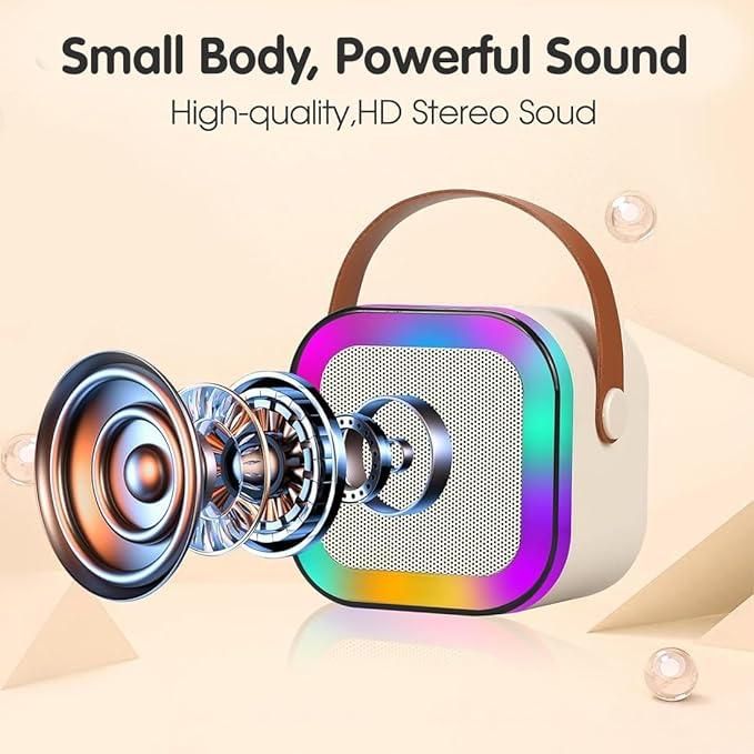 Portable speaker with colorful design on a beige background, emphasizing 'Small Body, Powerful Sound' and 'High-quality HD Stereo Sound'.