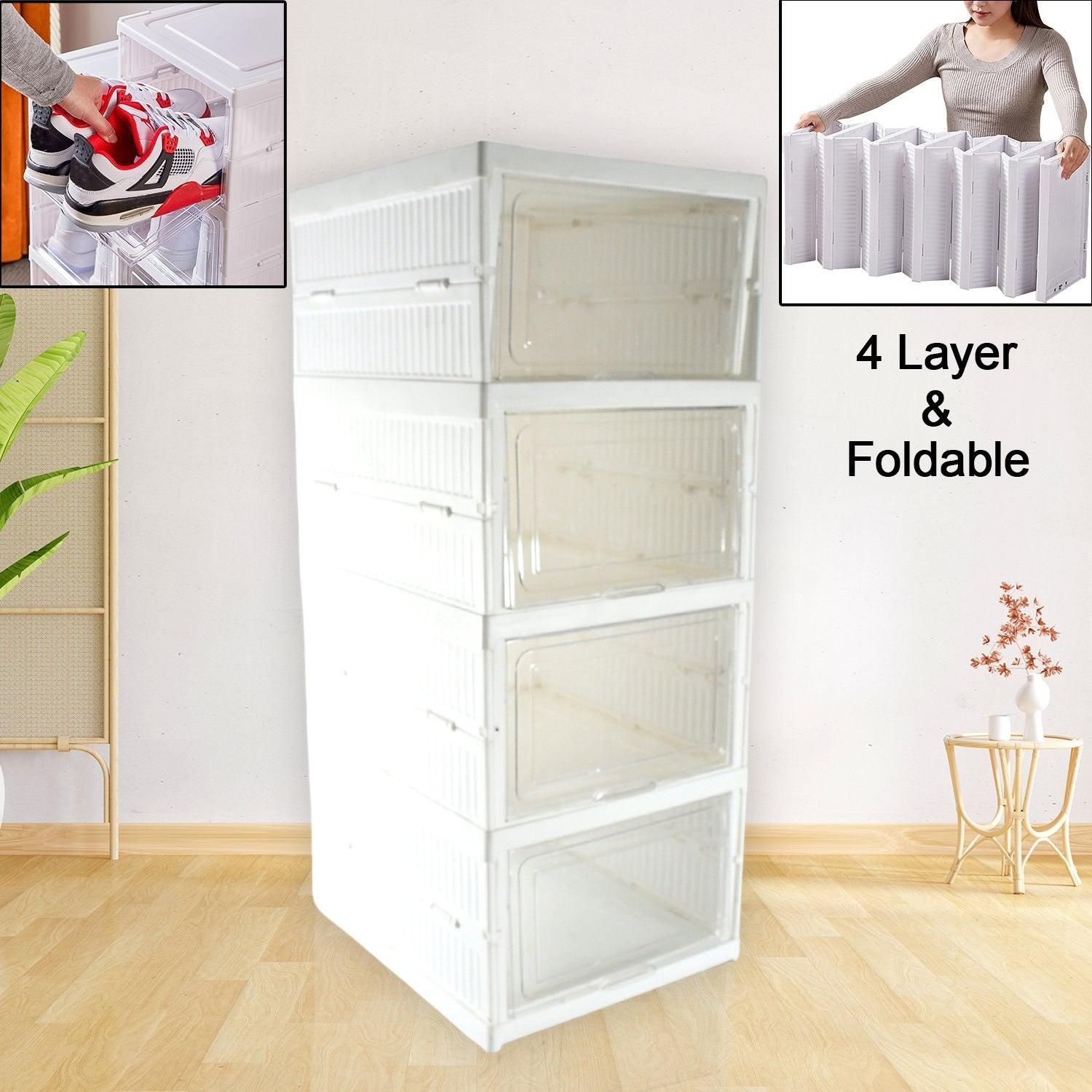 White 4-layer foldable storage cabinet with transparent doors in a room setting.