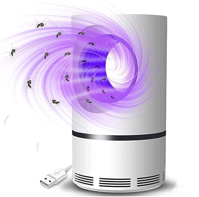 Fogger with purple light and mosquitoes around on a white background