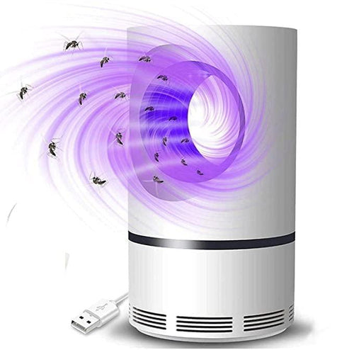 Fogger with purple light and mosquitoes around on a white background