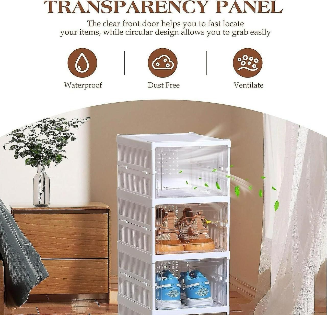 Transparent storage cabinet with shoes inside, placed next to a wooden dresser with a plant on top.