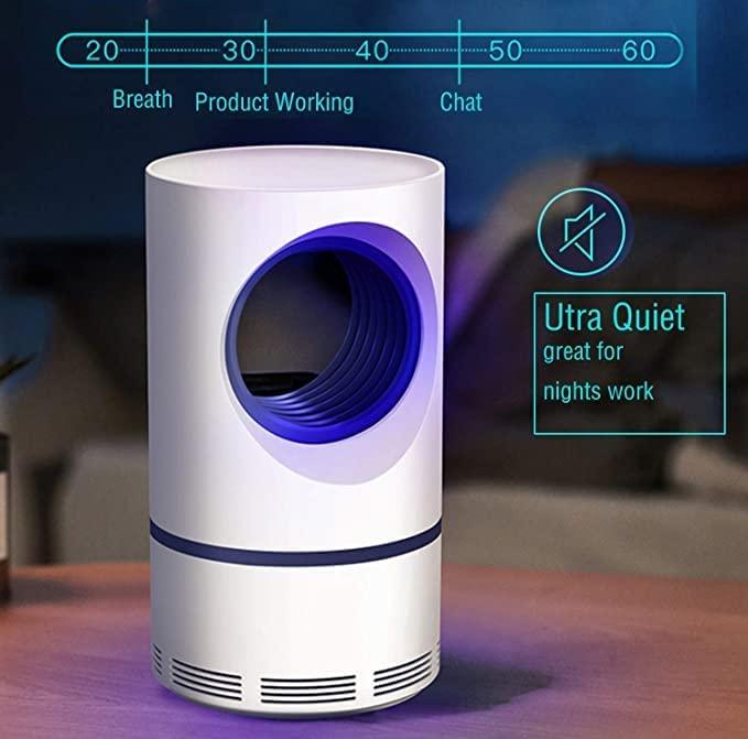 White and purple air purifier on a table with text indicating its ultra-quiet feature.
