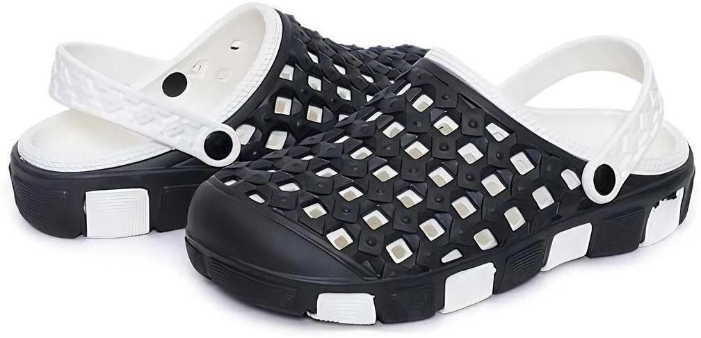 Black and white clogs on a white background