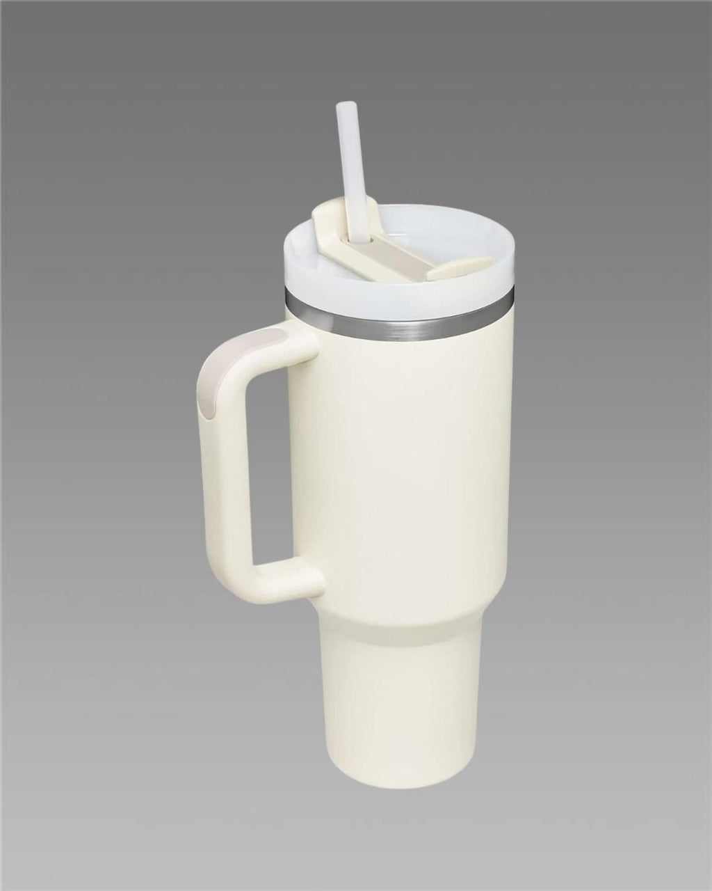 White tumbler with handle and straw on a gray background