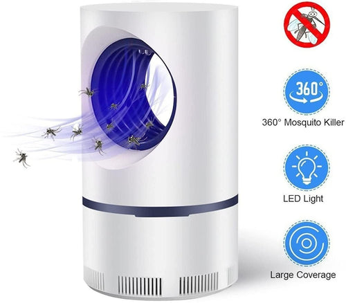 Mosquito killer device with LED light and 360-degree coverage on a white background