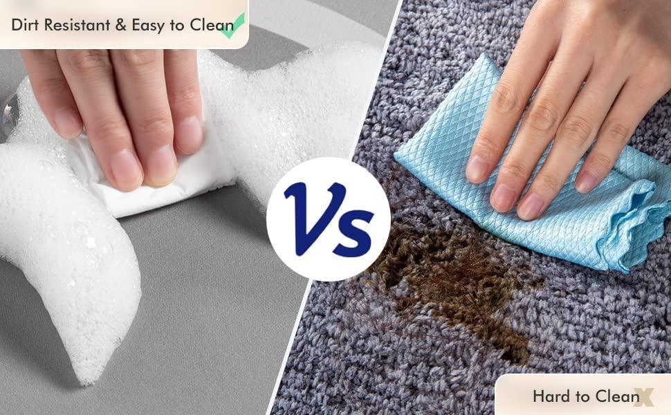 Comparison of a dirt-resistant surface and a hard-to-clean carpet with cleaning actions shown.