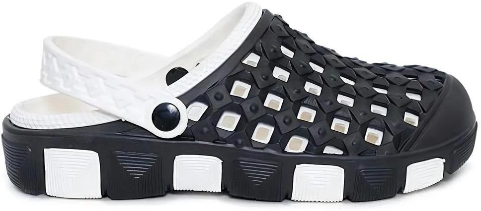 Black and white clogs with woven design on a white background