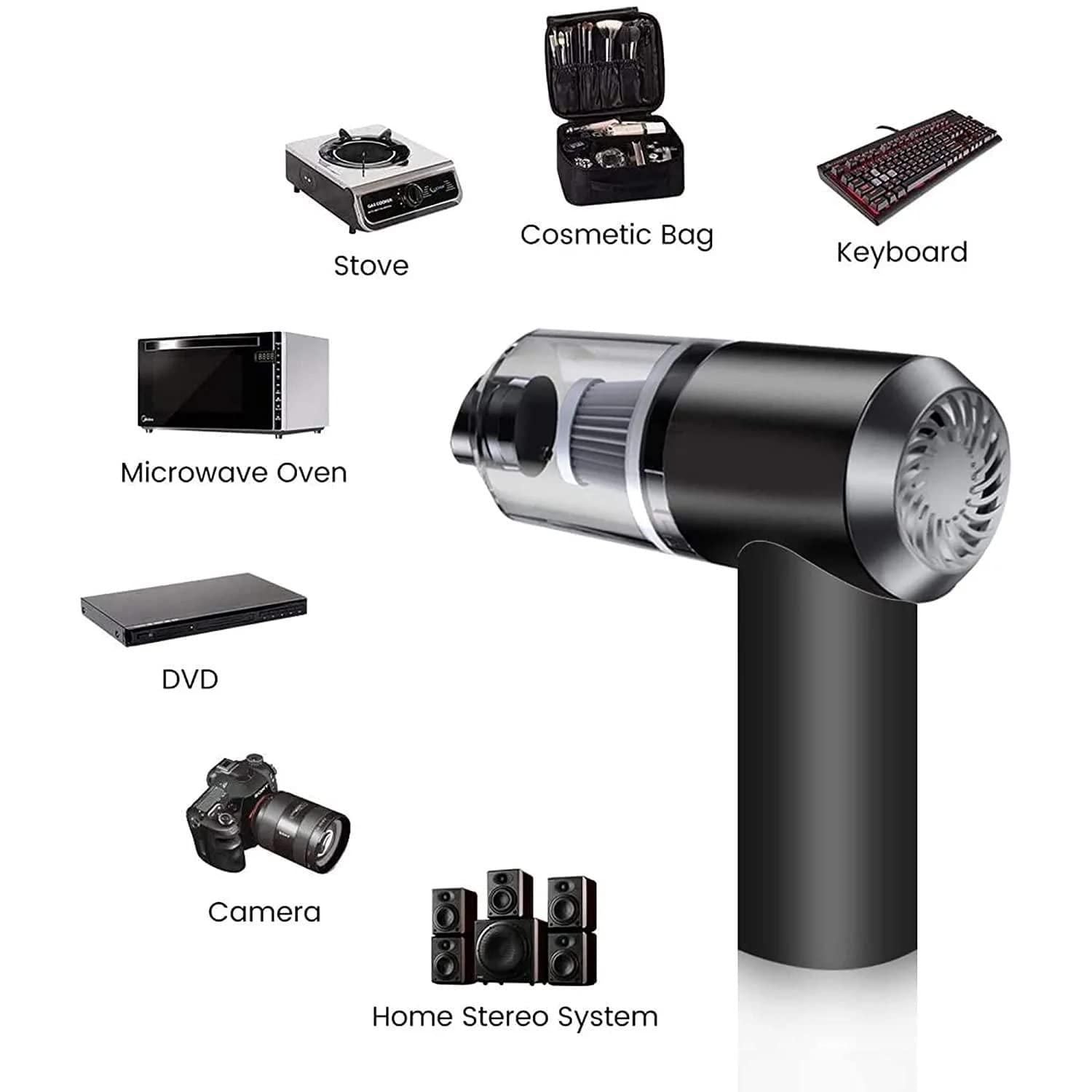 Black handheld vacuum cleaner with labeled items on a white background