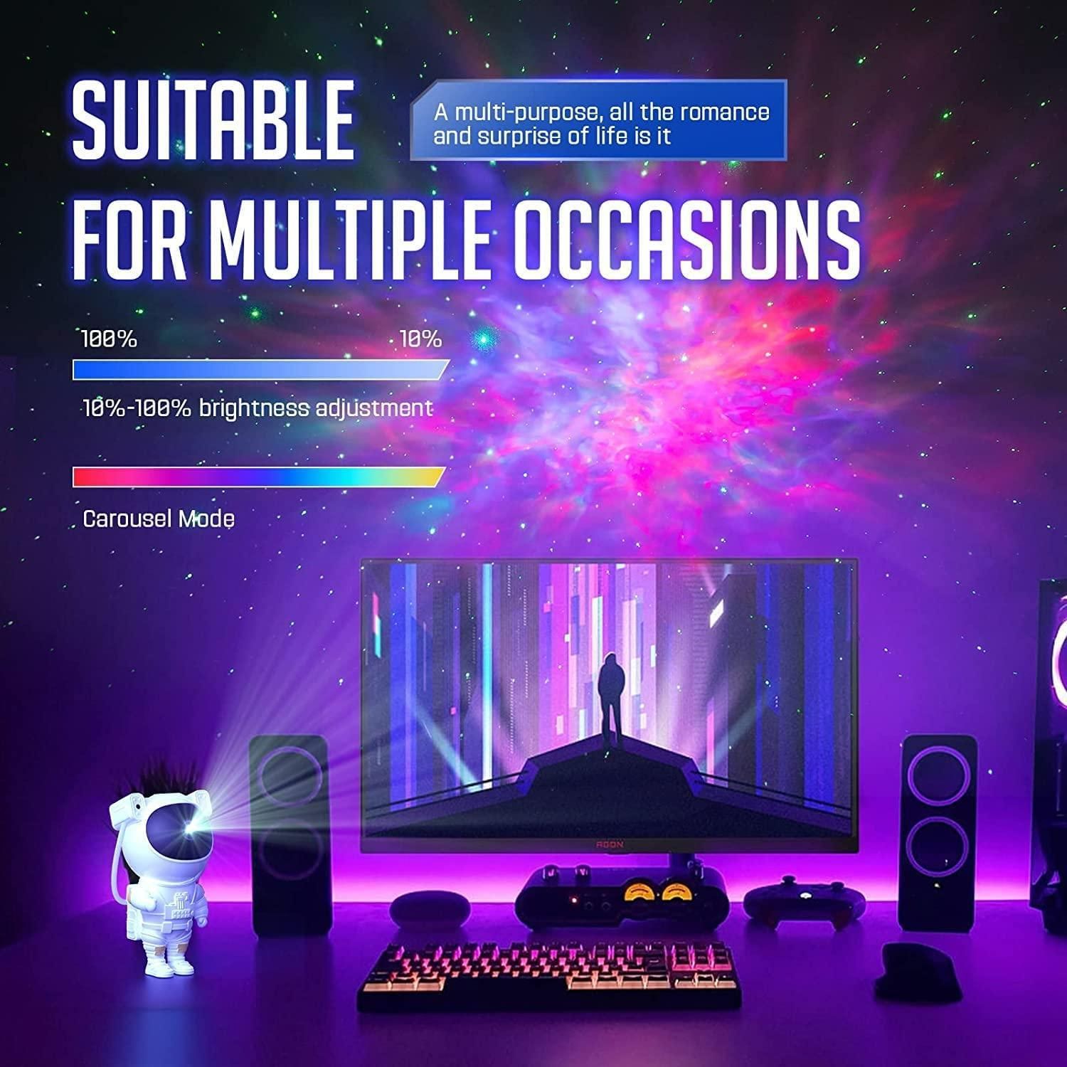 Gaming setup with colorful screen, speakers, and astronaut figure against a starry background.